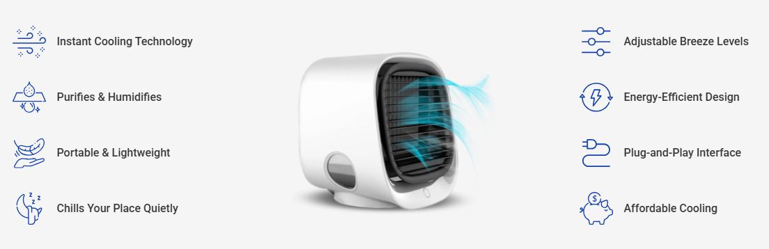 AiraBreeze features: cooling, purifying, portable, quiet, adjustable, energy efficient